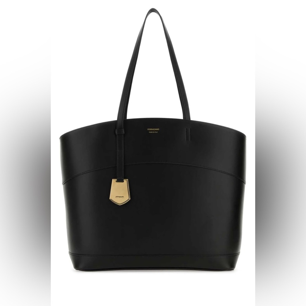 Black Leather Tote Bag with Gold Accent Salvatore Ferragamo